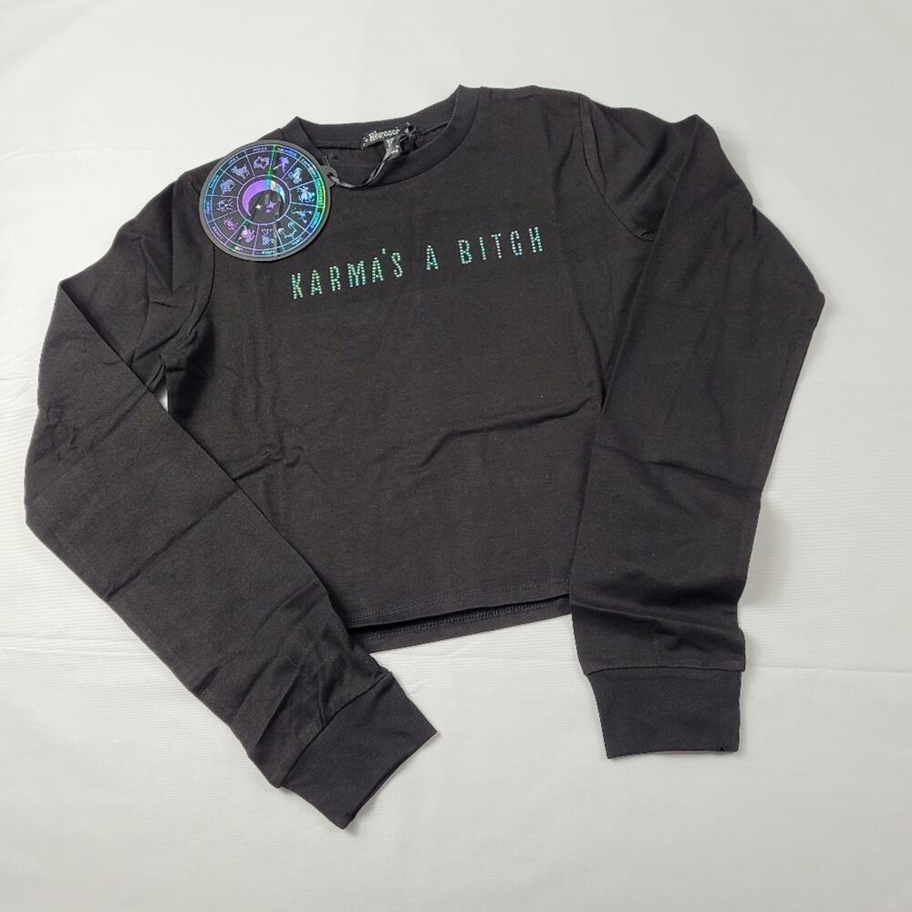 NWT Karma's A B* Black Bedazzled Crop Tee size Medium